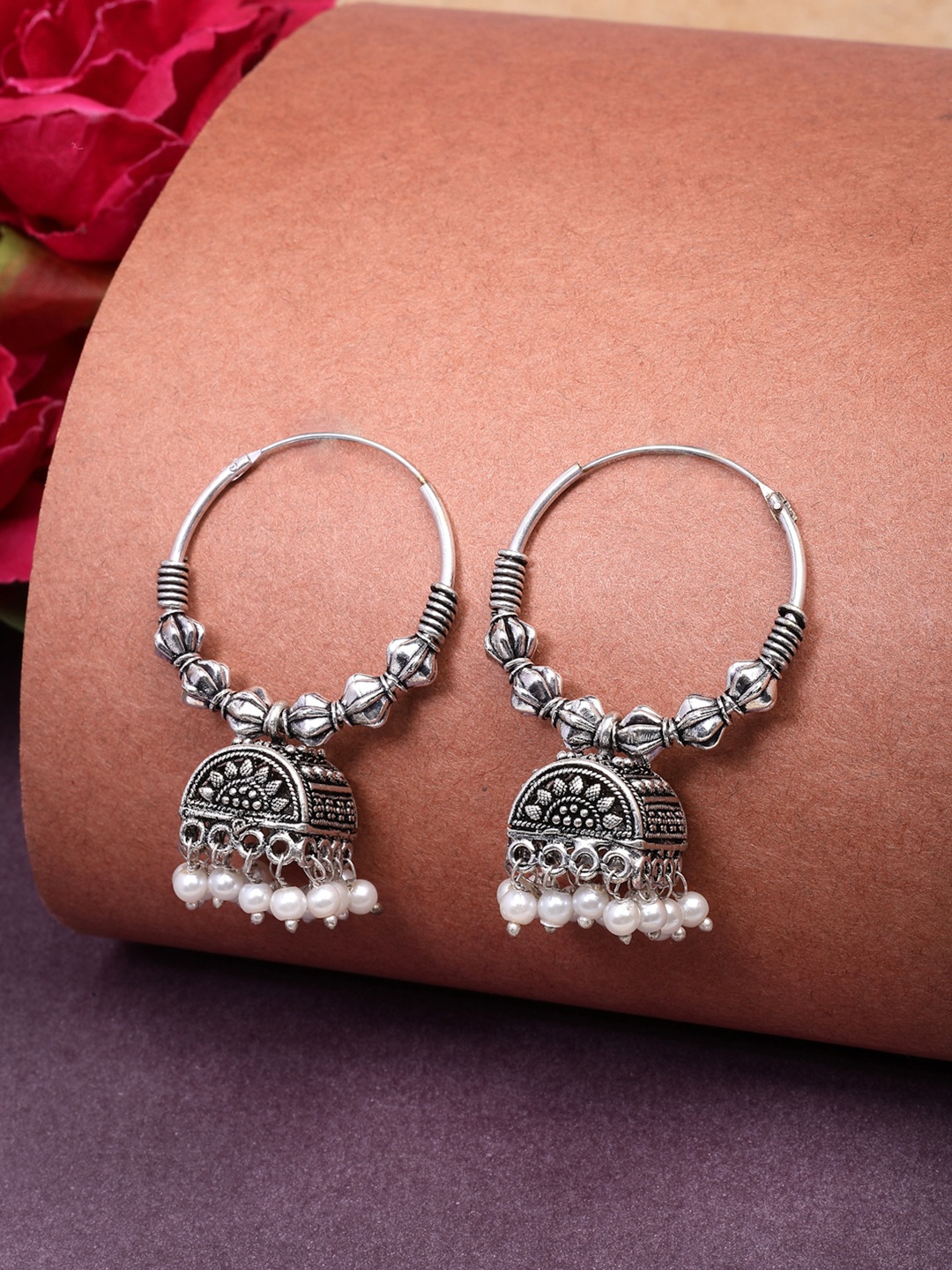 

Anouk Women Oxidised Silver Plated White Artificial Beads Jhumka Earrings