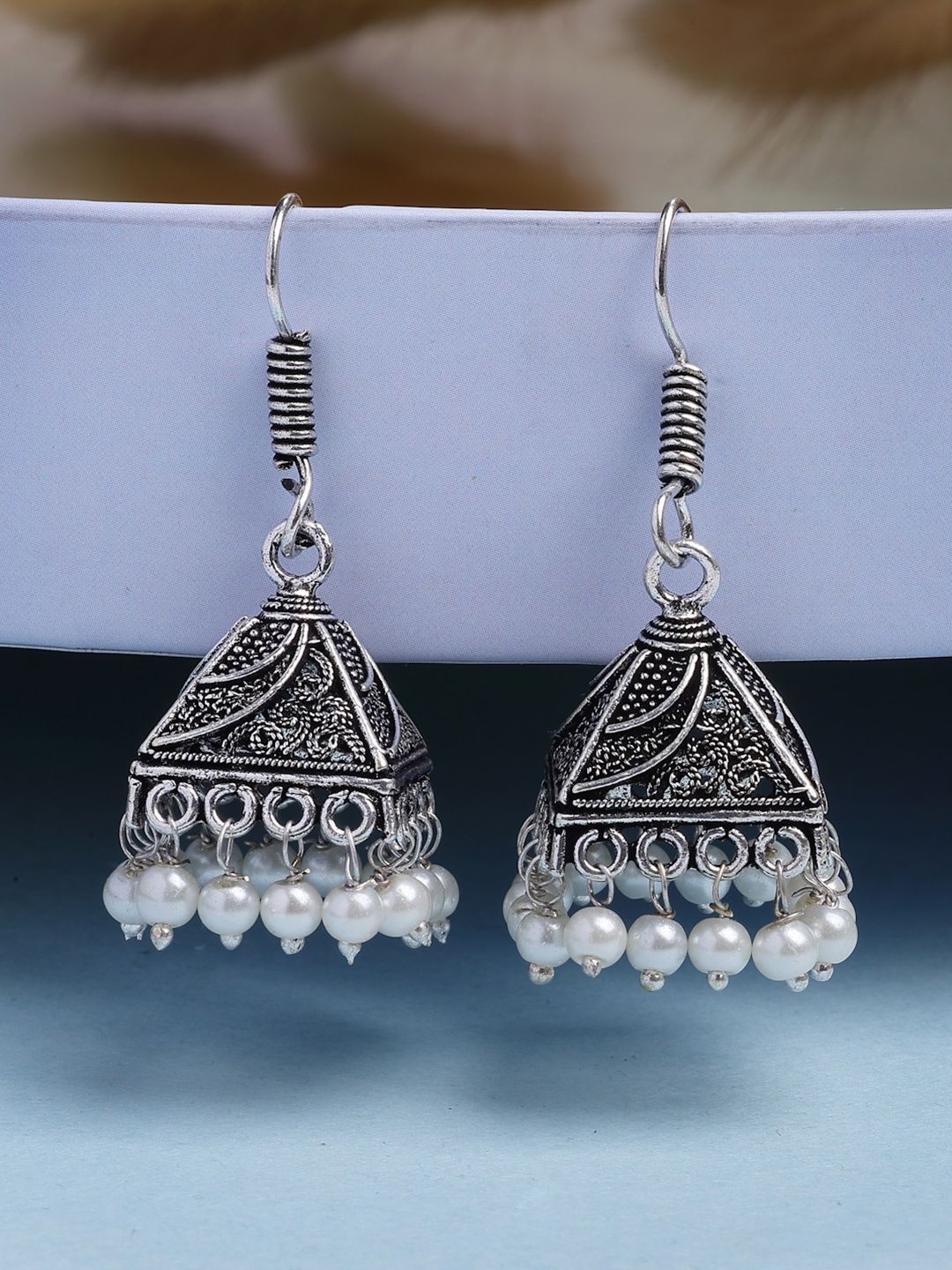 

Anouk Women Oxidised Silver Plated White Artificial Beads Jhumka Earrings