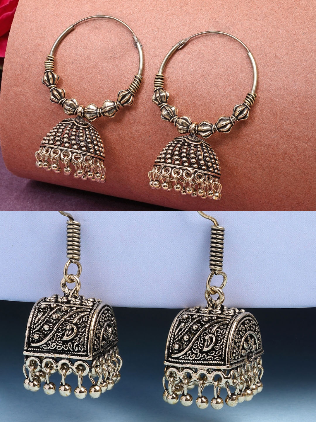 

Anouk Women Set of 2 Gold Plated Oxidised Contemporary Jhumka Earrings