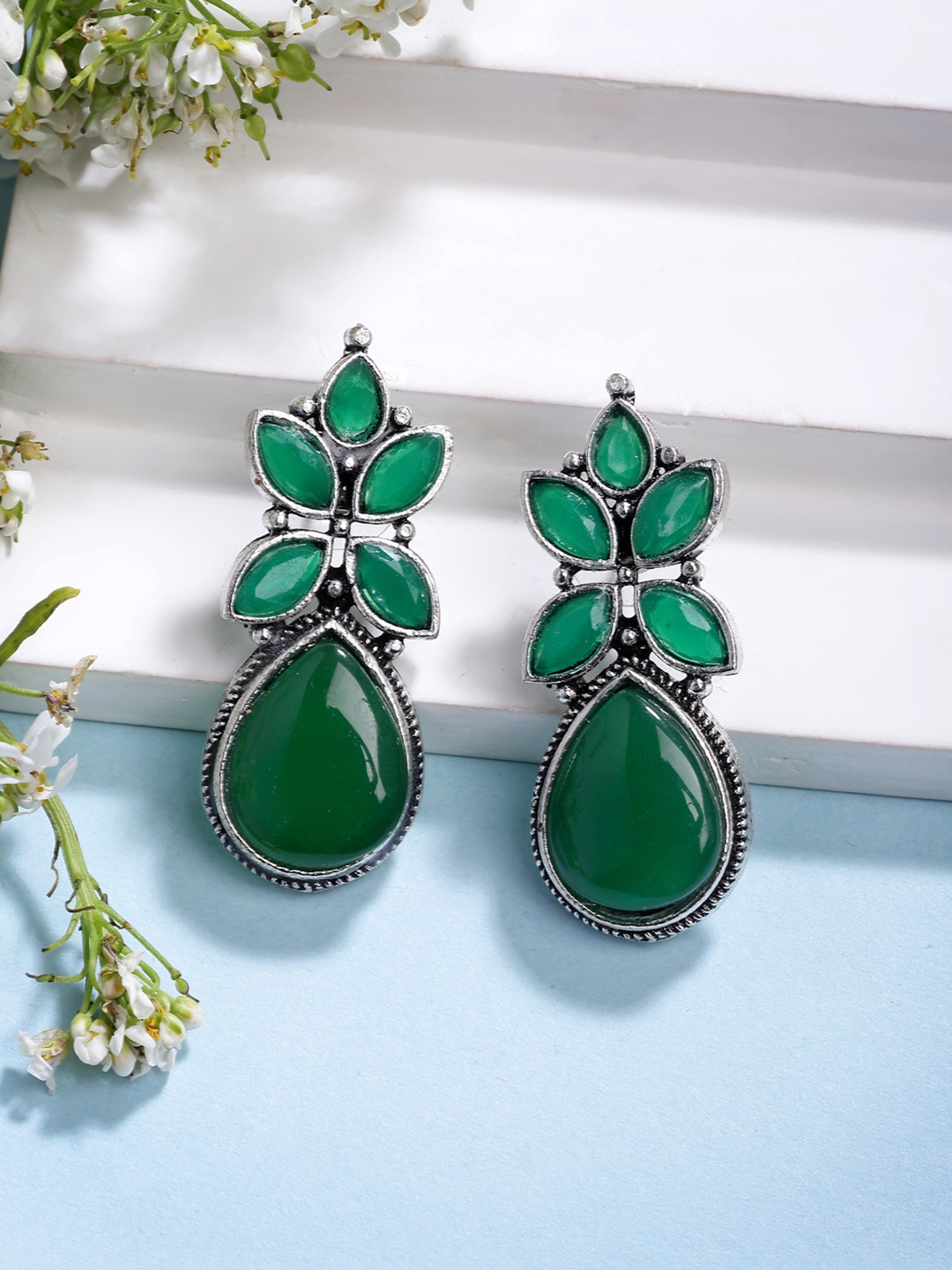 

Anouk Women Green Artificial Stones Silver Plated Drop Earrings