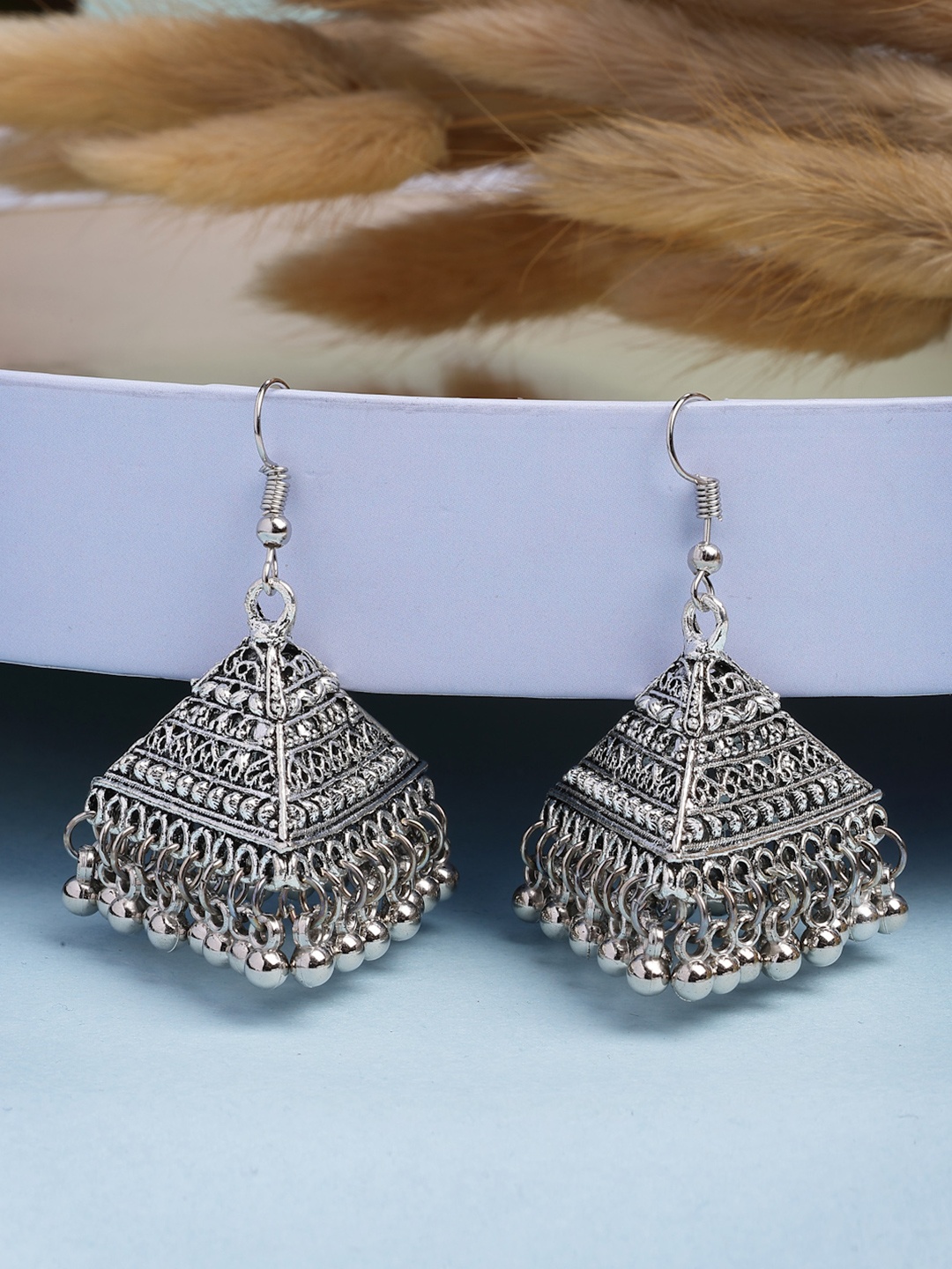 

Anouk Women Triangular Shaped Hook Silver Plating Oxidised Jhumka Earrings