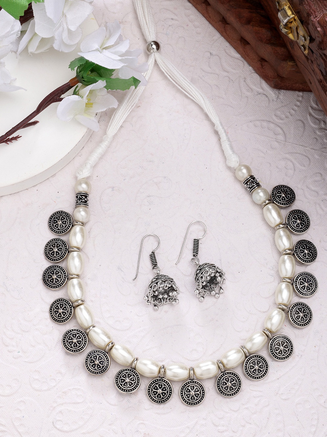 

Anouk Women White Silver-Plated Choke Oxidized Necklace with Jhumka Earrings