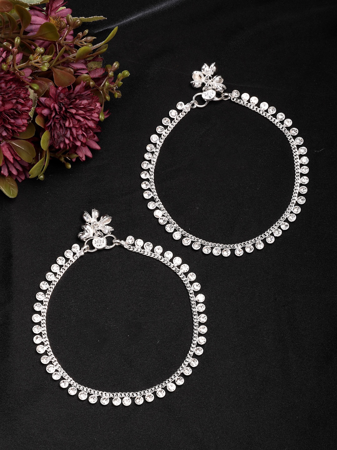 

Anouk Women Set of 2 Silver Plated Artificial Stone Studded Anklets