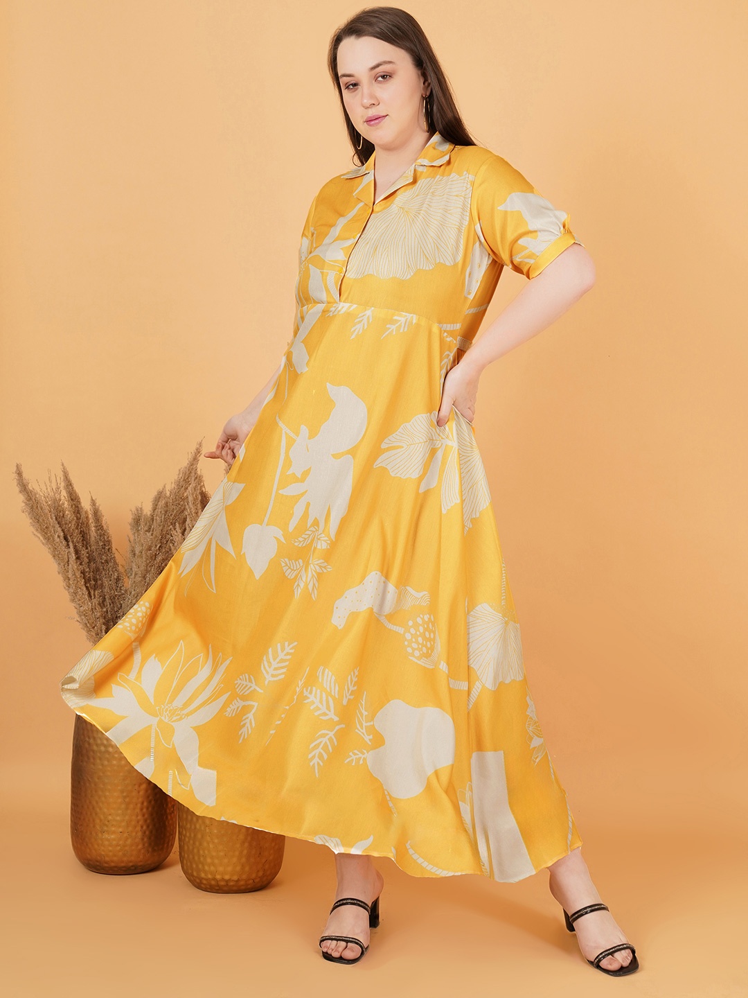Indietoga Floral Print Puff Sleeve Fit & Flare Maxi Dress, Yellow