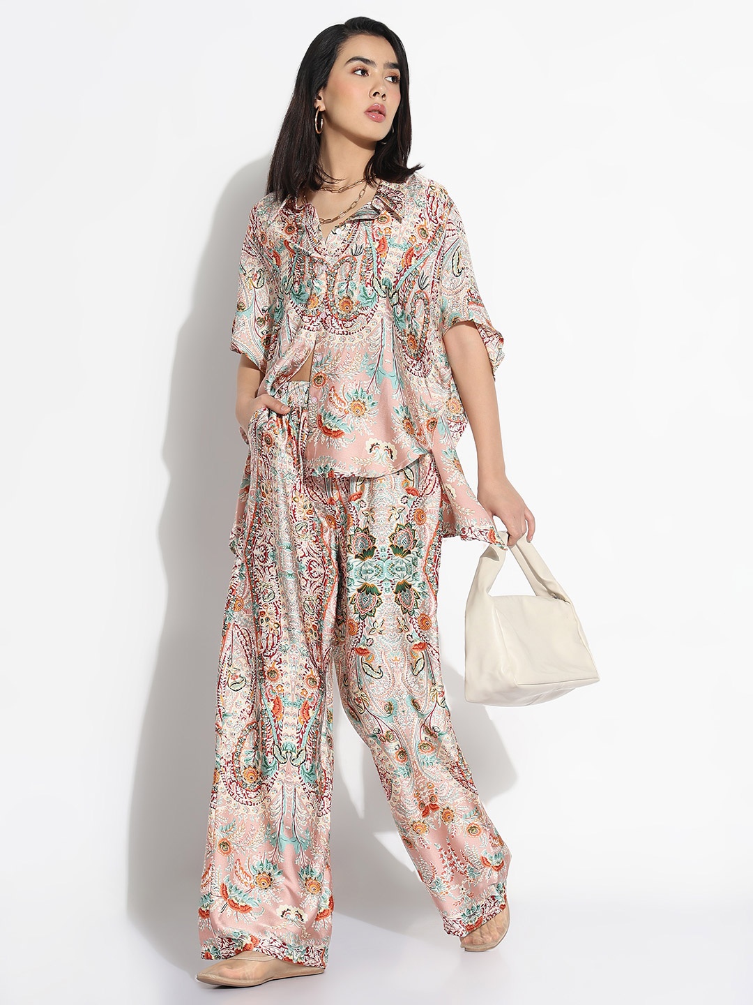

SHOWOFF Printed Shirt Collar Shirt With Palazzo Co-Ords, Pink