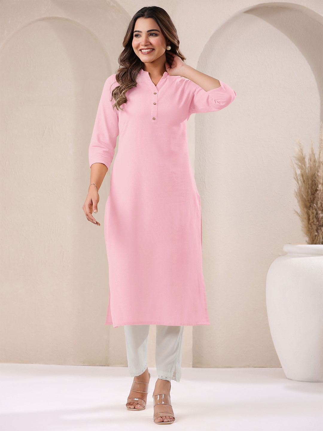 

Janasya Women's Pink Cotton Solid Straight Kurta