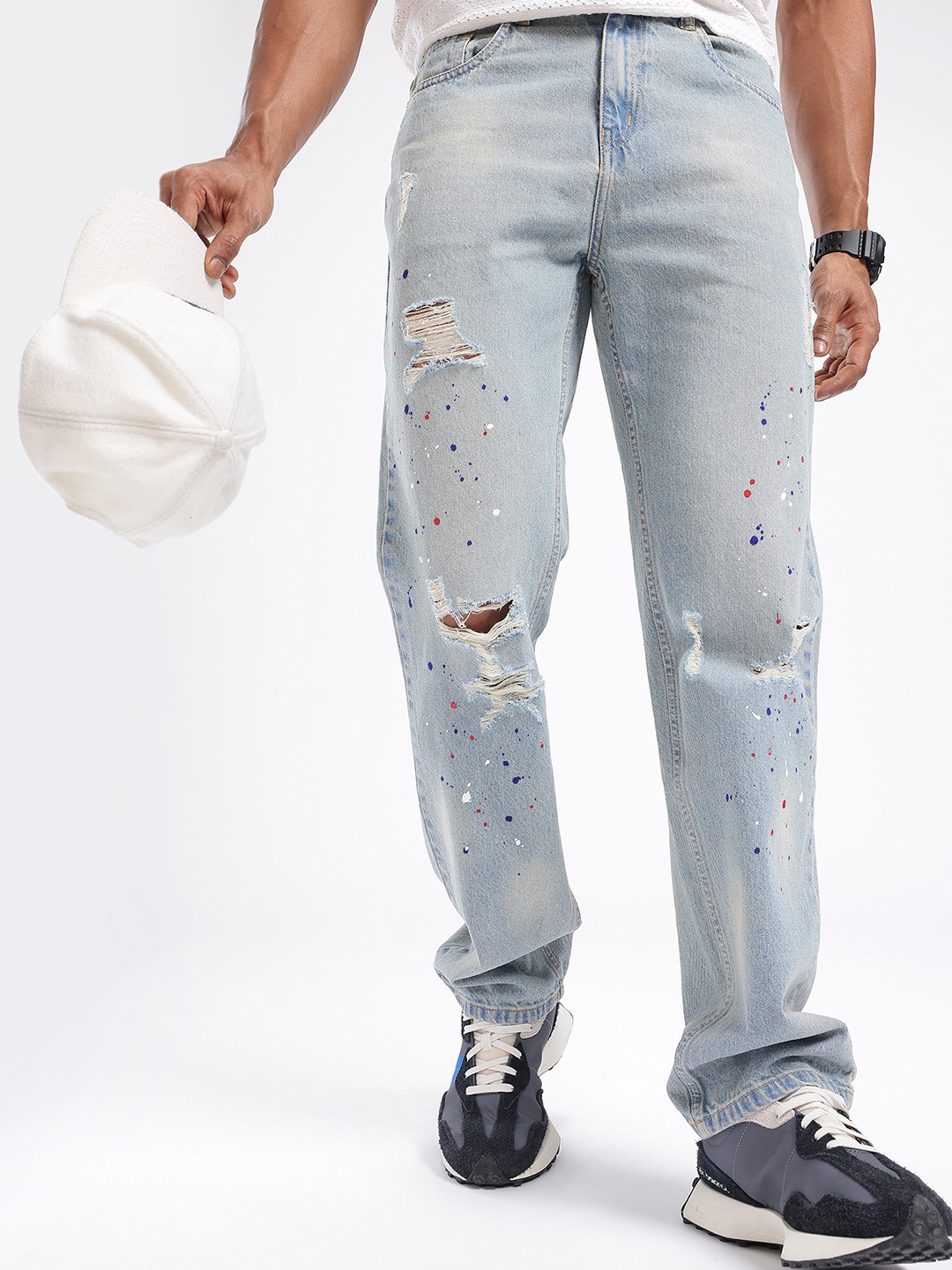

glitchez Men Clutch Fit Straight Fit Mildly Distressed Heavy Fade Jeans, Blue
