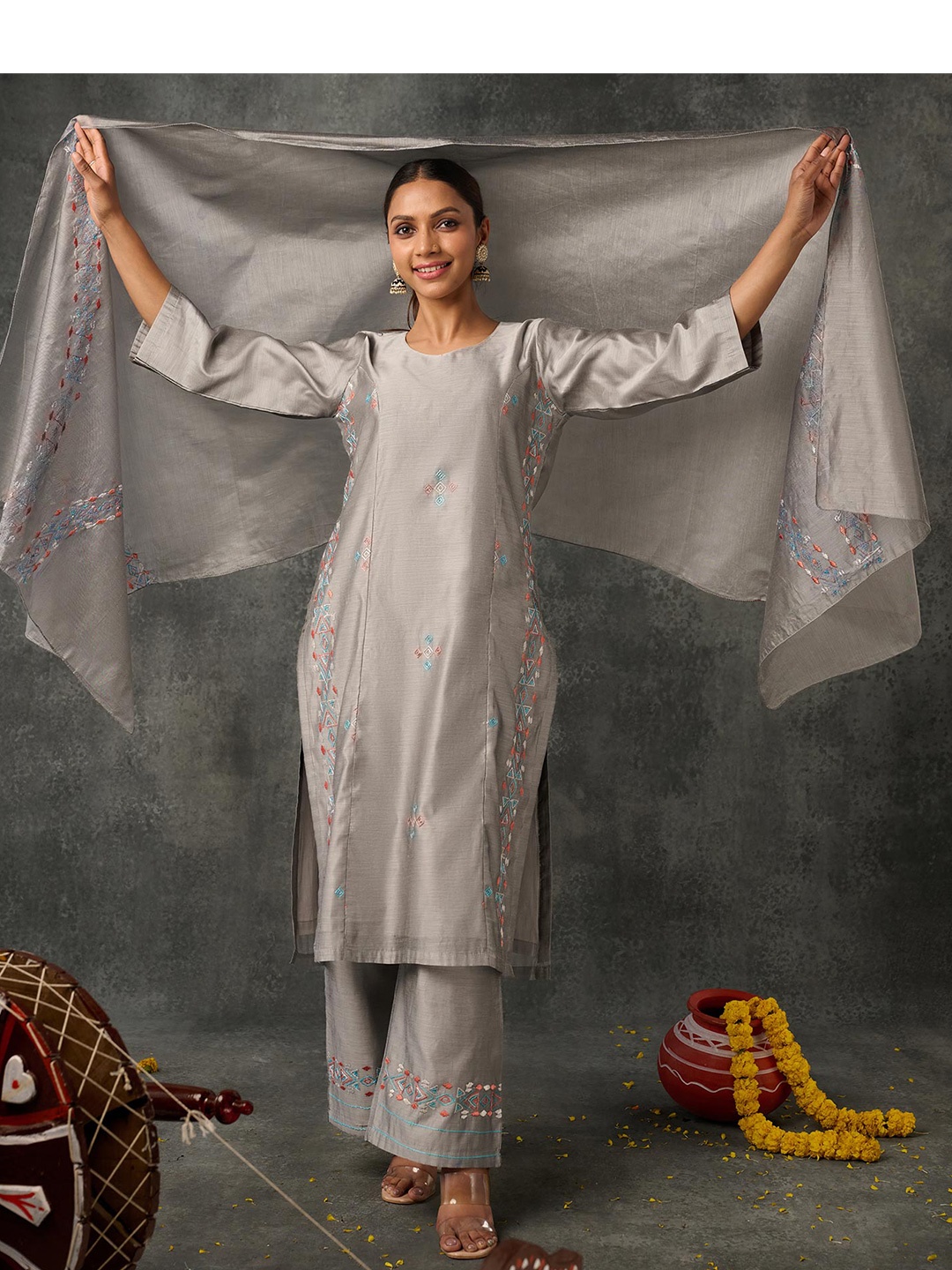 

Phulkari Forever Women Floral Embroidered Handloom Ethnic Palazzos, Grey
