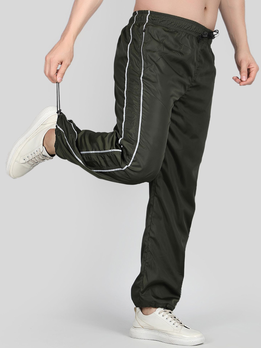 

Raxedo Men Sportscore Striped Relaxed Fit Baggy Parachute Track Pants, Olive