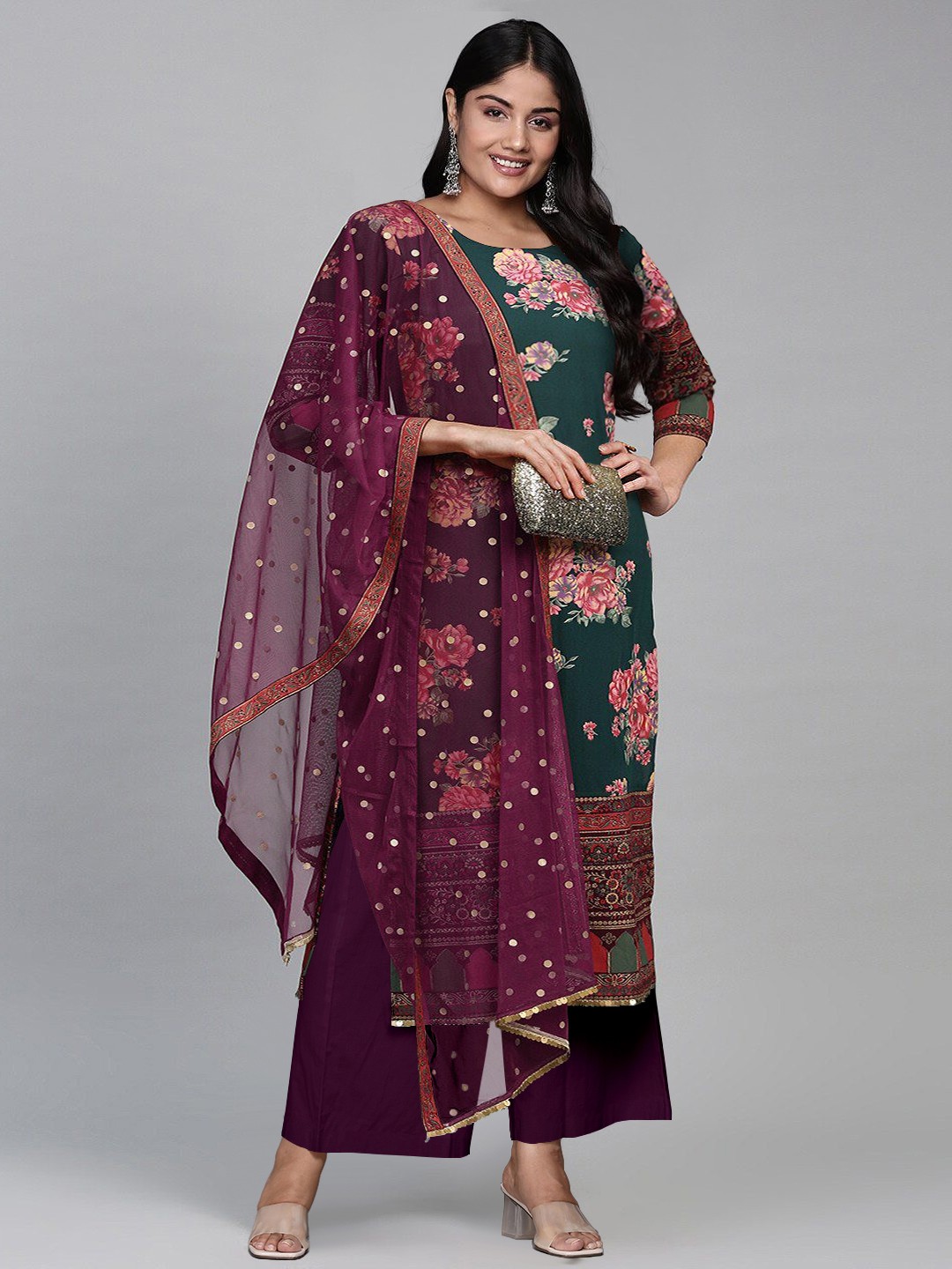 

A PLUS BY AHALYAA Women Floral Printed Regular Sequinned Kurta with Palazzo & With Dupatta, Green
