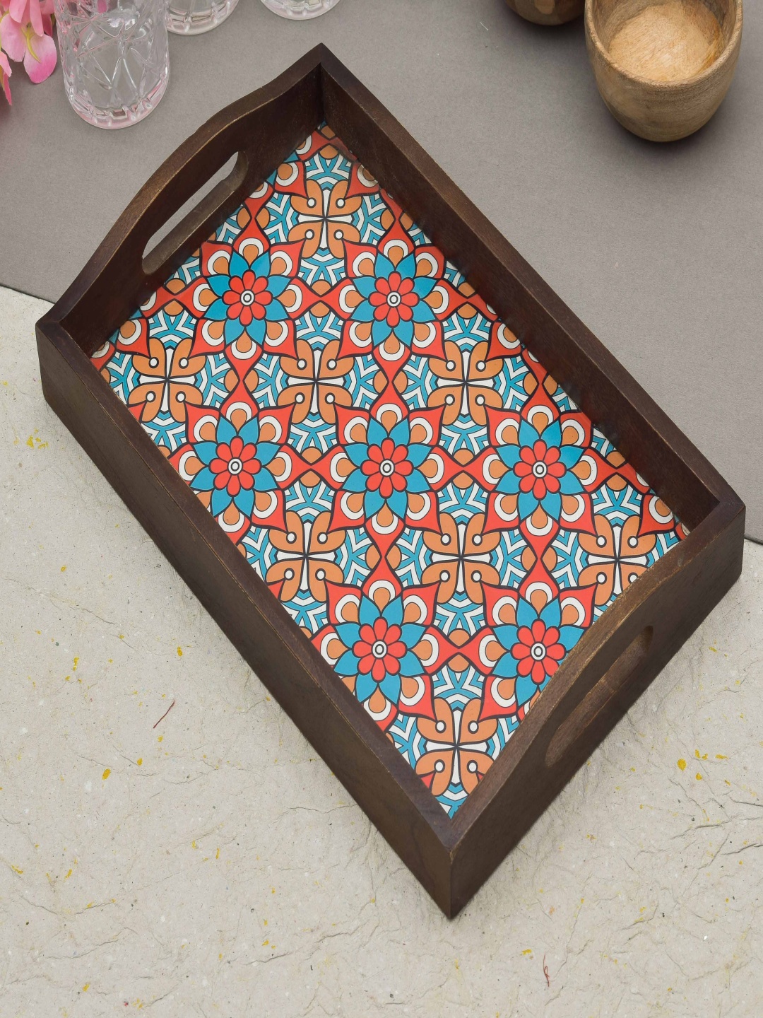

OGGN Blue Floral Printed Mango Wooden Brown Rectangle Tray
