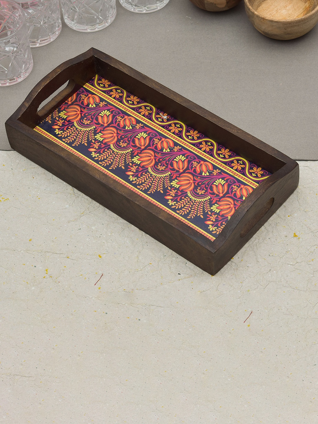 

oggn Yellow & Pink Printed Wood Rectangle Shape Serving Tray