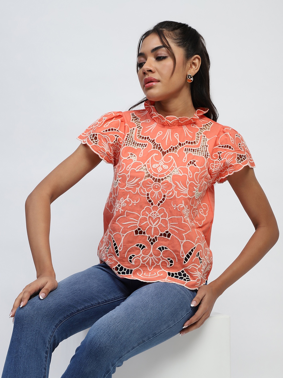 

Global Republic Embellished Embroidered Cotton Blouson Top, Red