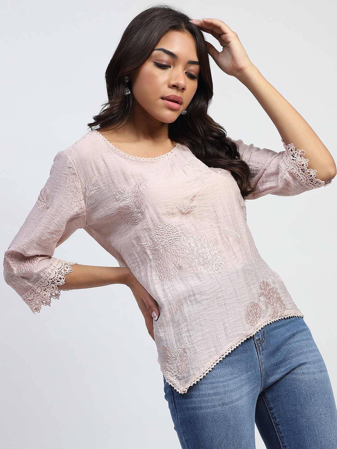 

Global Republic Embellished Embroidered Linen Blouson Top, Pink