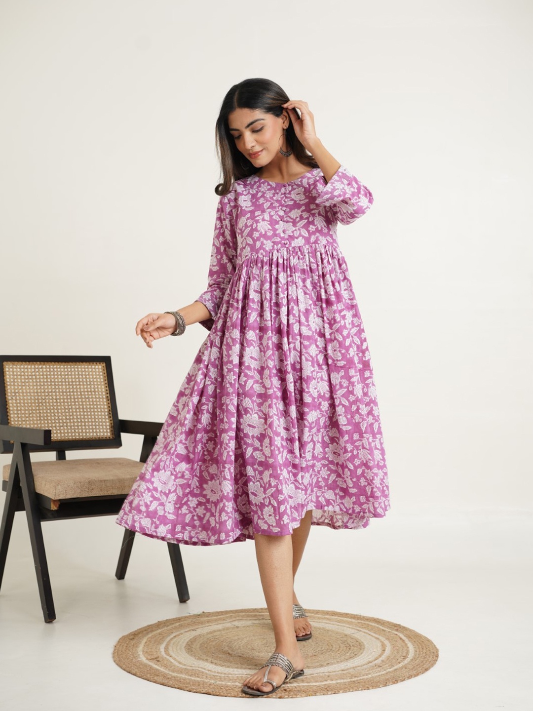 

GOODHAND Floral Print Peplum Midi Dress, Pink