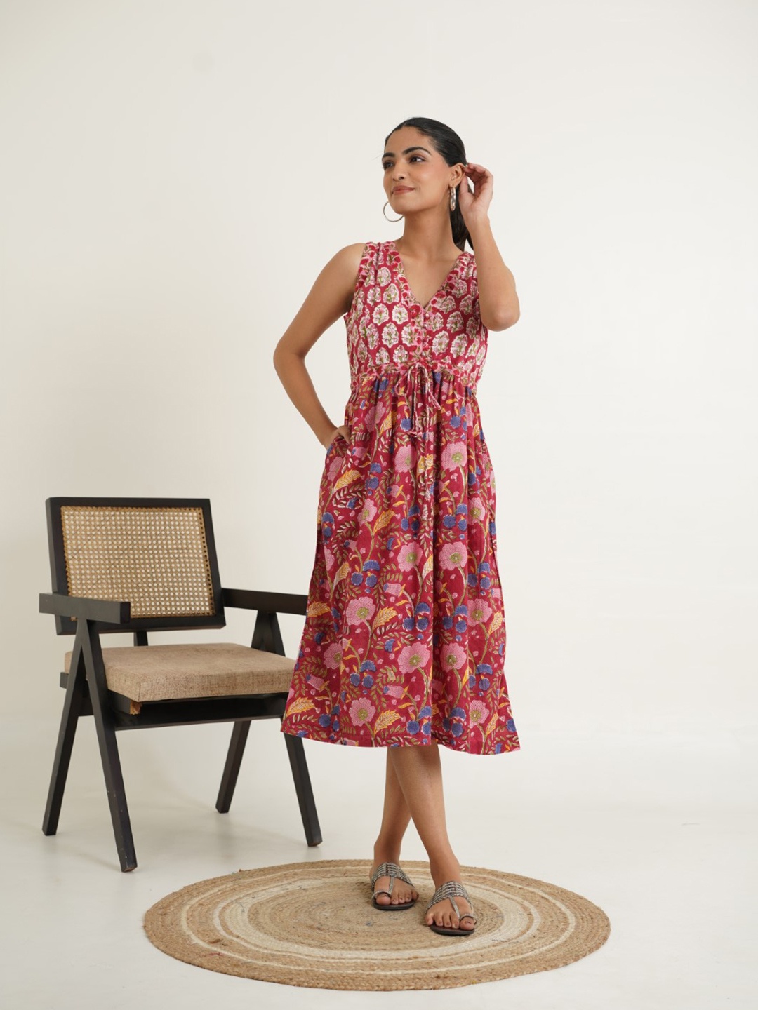 

GOODHAND Floral Print Peplum Midi Dress, Red