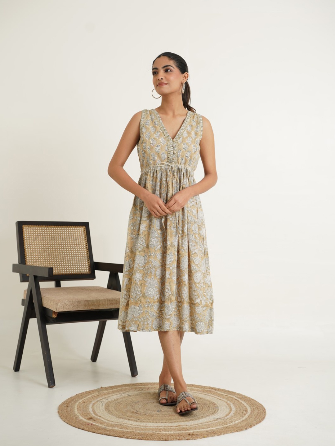 

GOODHAND Floral Print Peplum Midi Dress, Brown