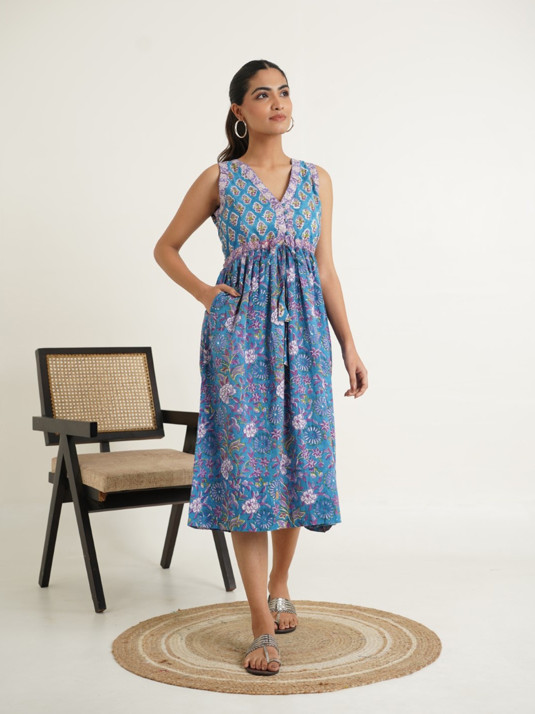 

GOODHAND Floral Print Peplum Midi Dress, Blue
