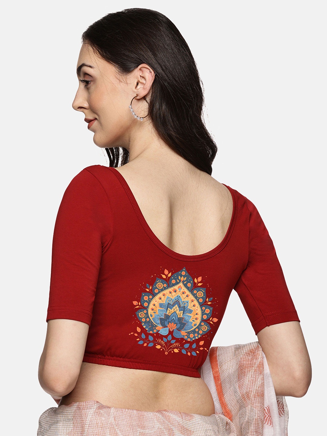 

NOT YET by us Printed Round Neck Stretchable Saree Blouse, Red