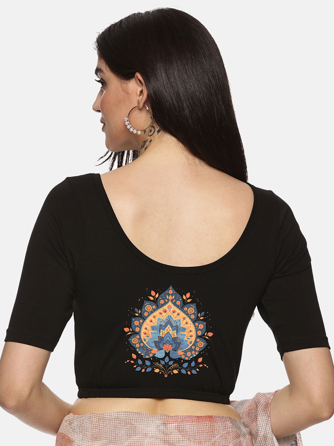

NOT YET by us Printed Round Neck Stretchable Saree Blouse, Black