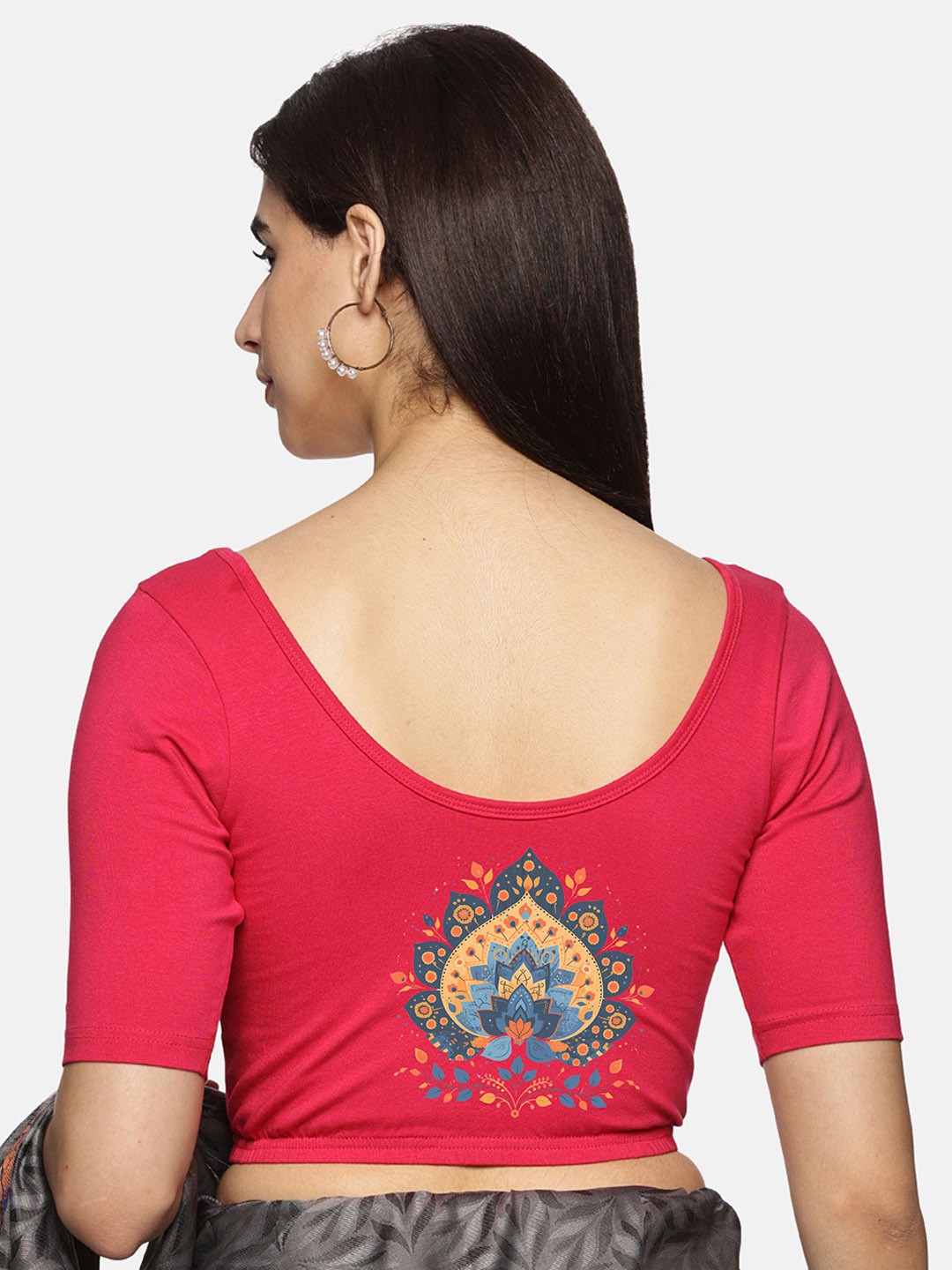 

NOT YET by us Printed Round Neck Stretchable Saree Blouse, Pink