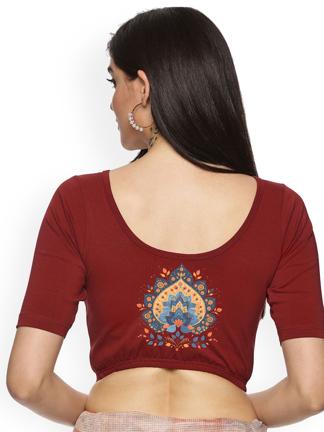

NOT YET by us Printed Round Neck Stretchable Saree Blouse, Maroon