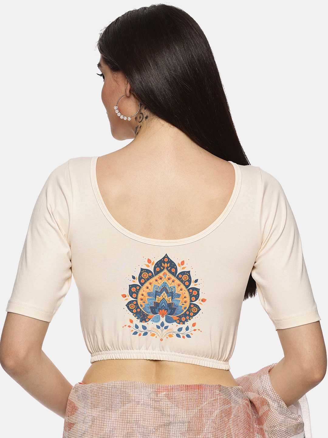 

NOT YET by us Printed Round Neck Stretchable Saree Blouse, Cream