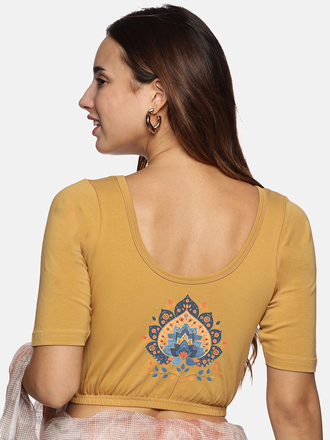 

NOT YET by us Printed Round Neck Stretchable Saree Blouse, Beige