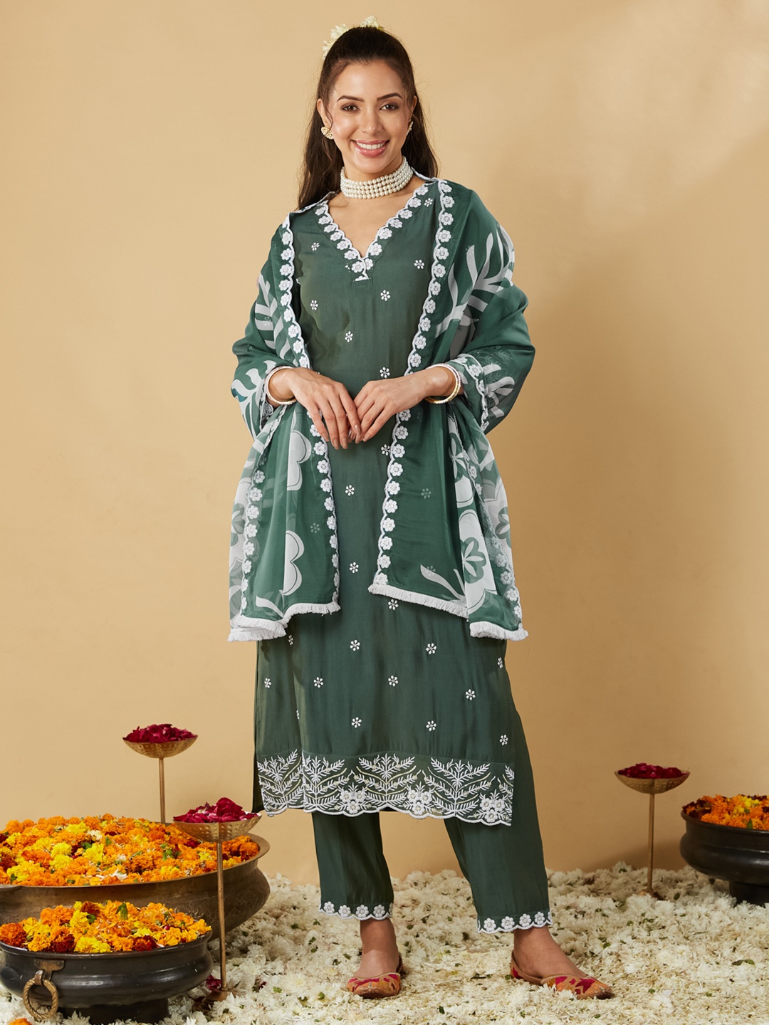 

Colors of Earth Women Embroidered Regular Kurta with Trousers & With Dupatta, Green