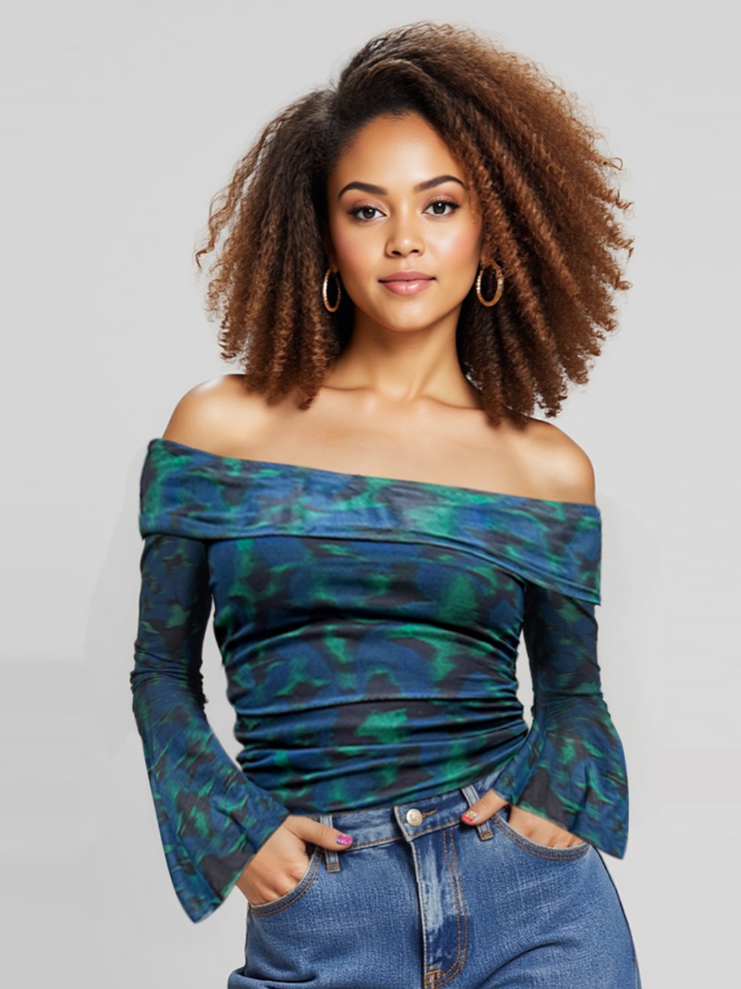 

IZF Printed Off-Shoulder full sleeves top, Blue