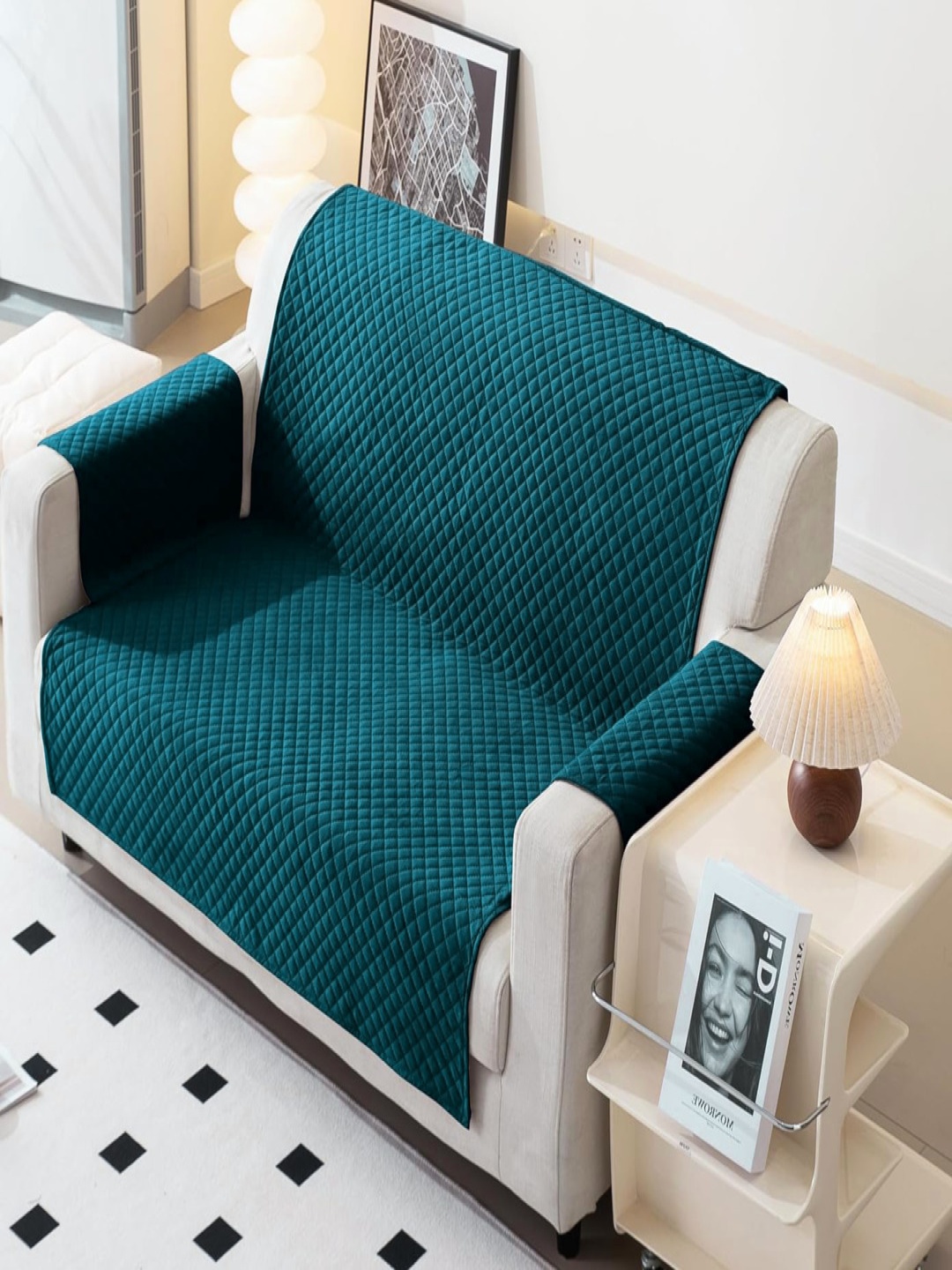 

Fashion Throw Teal Checked Velvet 1 Piece Sofa Cover With Arms