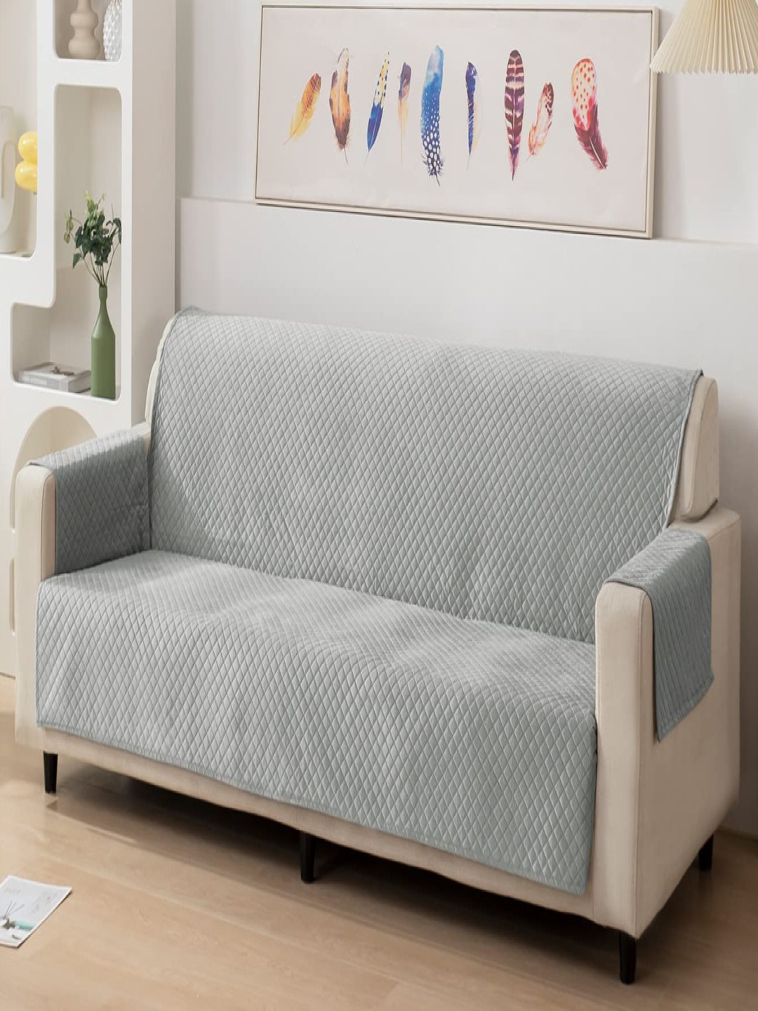 

Fashion Throw Grey Checked Velvet 1 Piece Sofa Cover With Arms