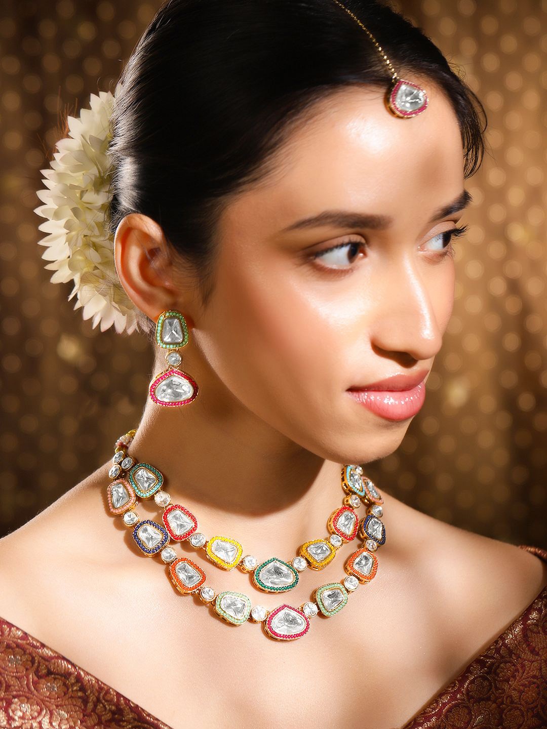 

Rubans 24K Gold Plated Multicolor Kundan Layered Necklace Set With Maang Tikka