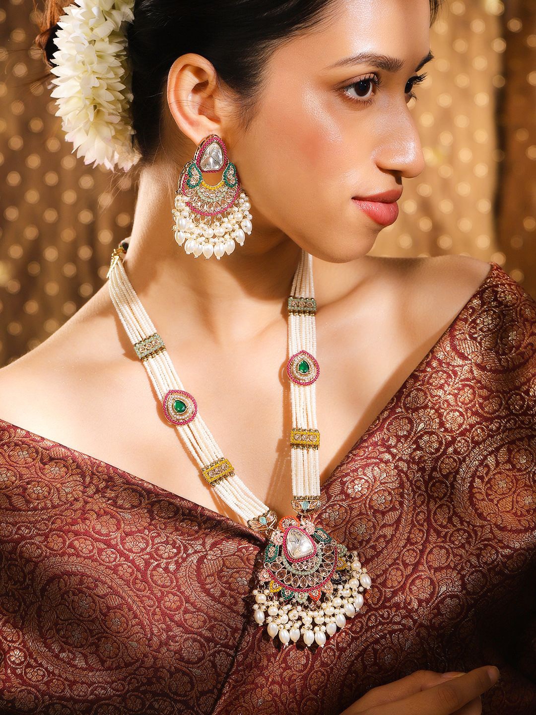 

Rubans 24K Gold-Plated Multicolor Kundan & Glossy Pearl Beaded Multi-Strand Necklace Set