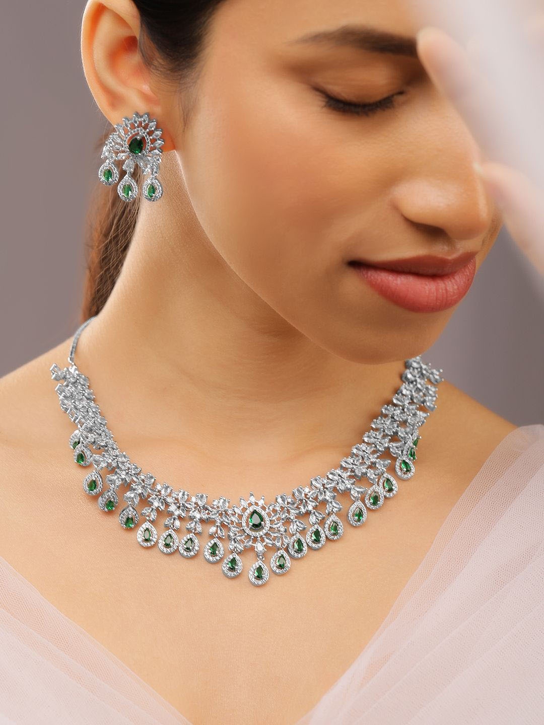 

Rubans Rhodium-Plated Emerald Green & White Cubic Zirconia Studded Chandelier Necklace Set, Silver