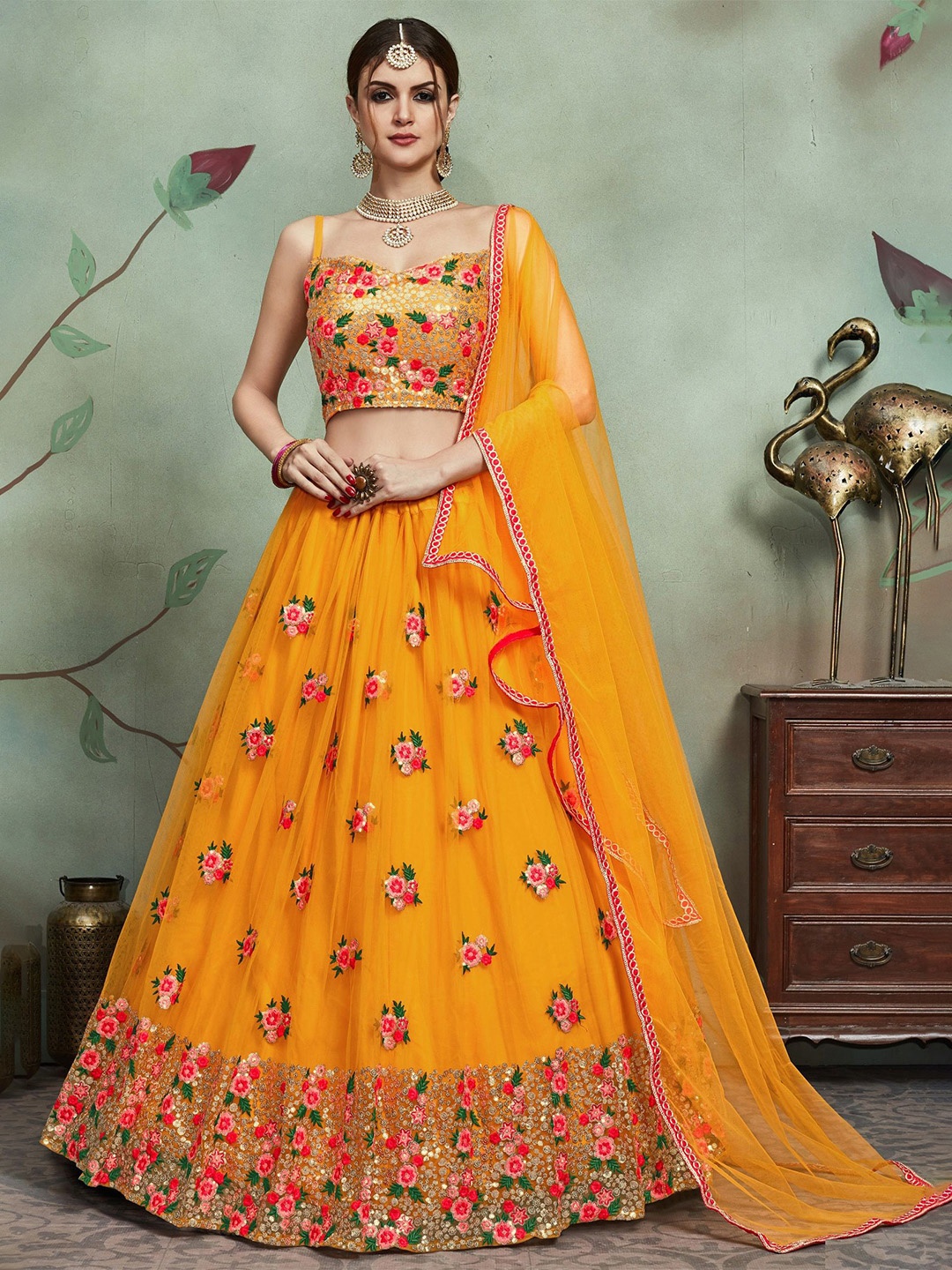 DIVINE EXIM Floral Embroidered Thread Work Semi-Stitched Lehenga & Blouse & Dupatta, Yellow