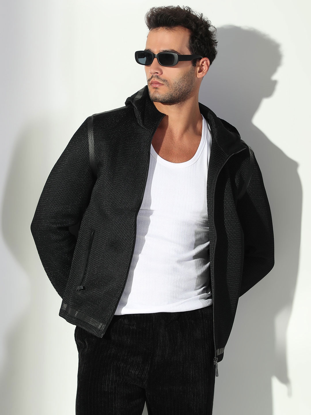 

SHOWOFF Men Hooded Self Design Casual Windcheater Biker Jacket, Black