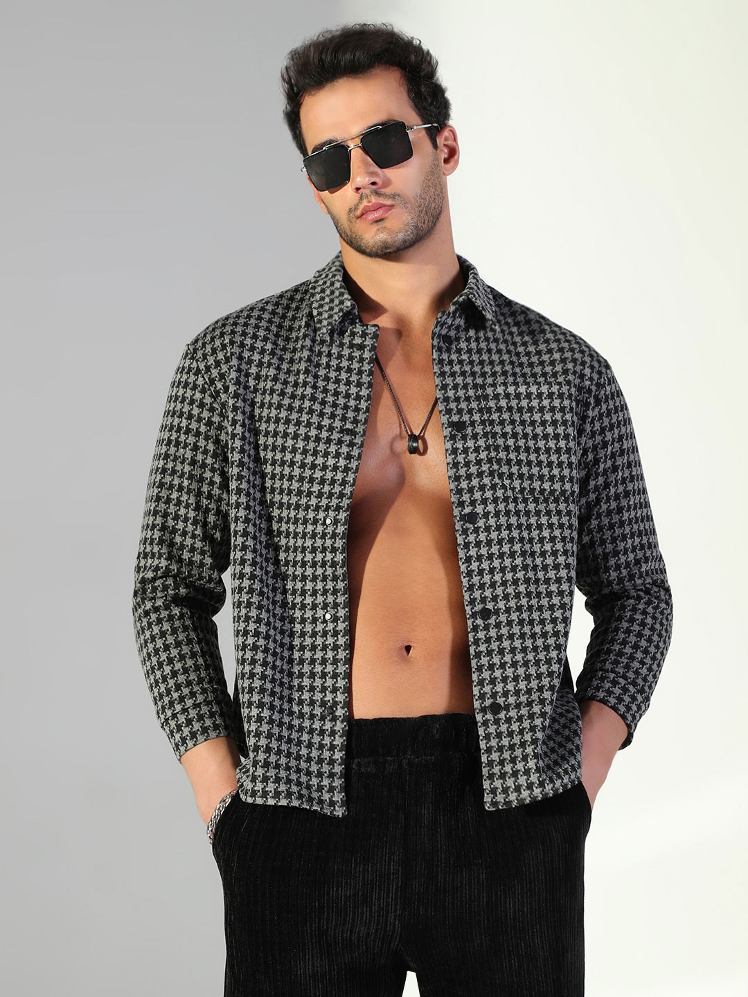 

SHOWOFF Self Design Geometric Printed Spread Collar Cotton Shacket, Grey
