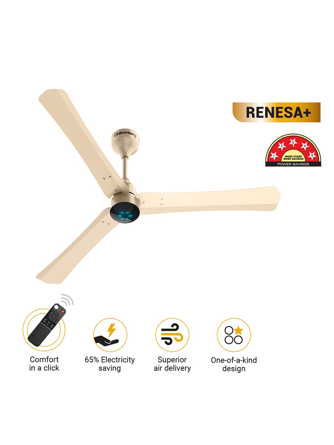 

Atomberg Technologies Renesa+ 1200 Metallic Golden Remote Controlled 3 Blades Ceiling Fan, Gold