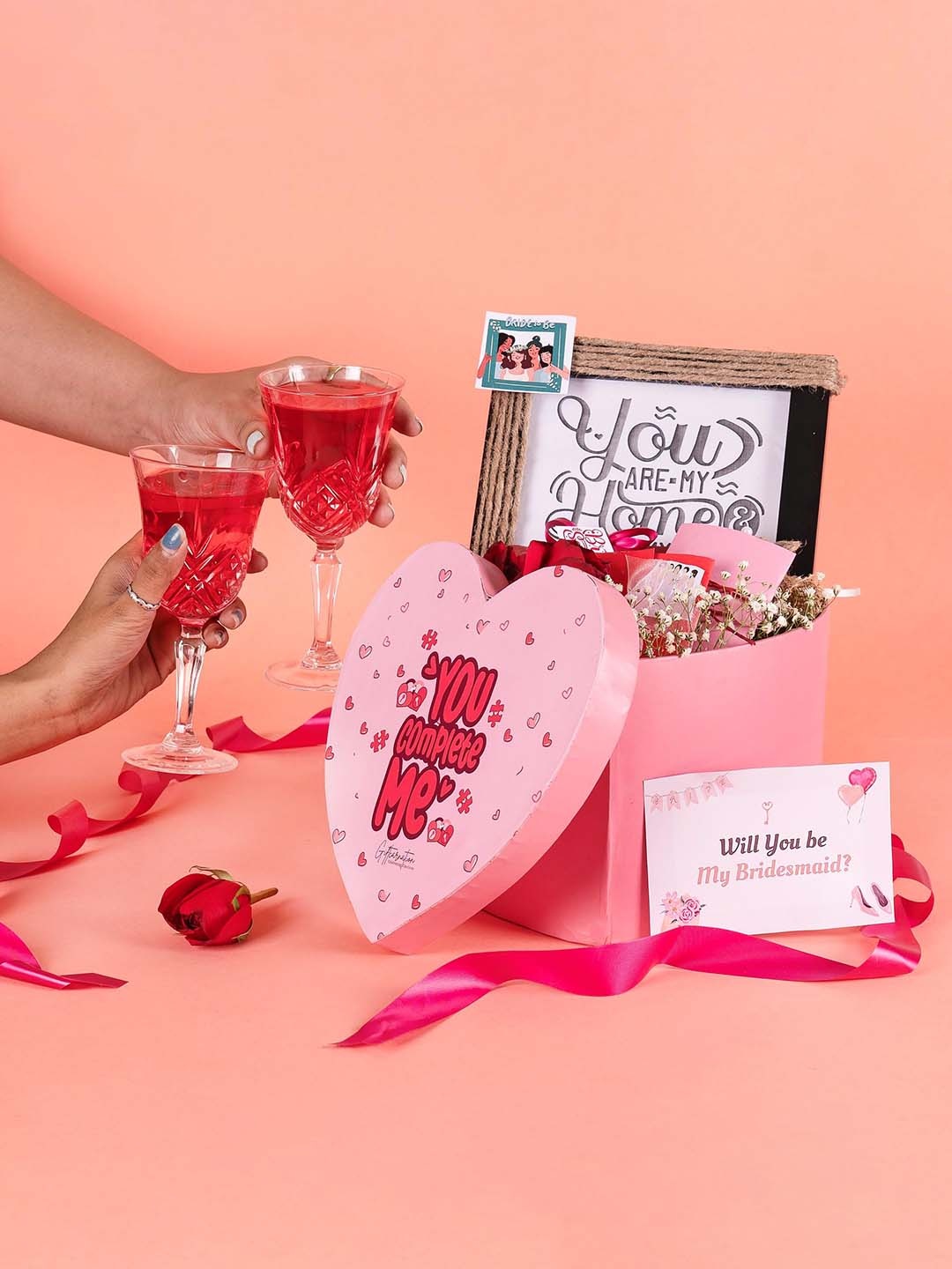 

Giftcarnation 8 Piecs Chocolate Brownie Cake With Bridesmaid Gift Hamper, Pink