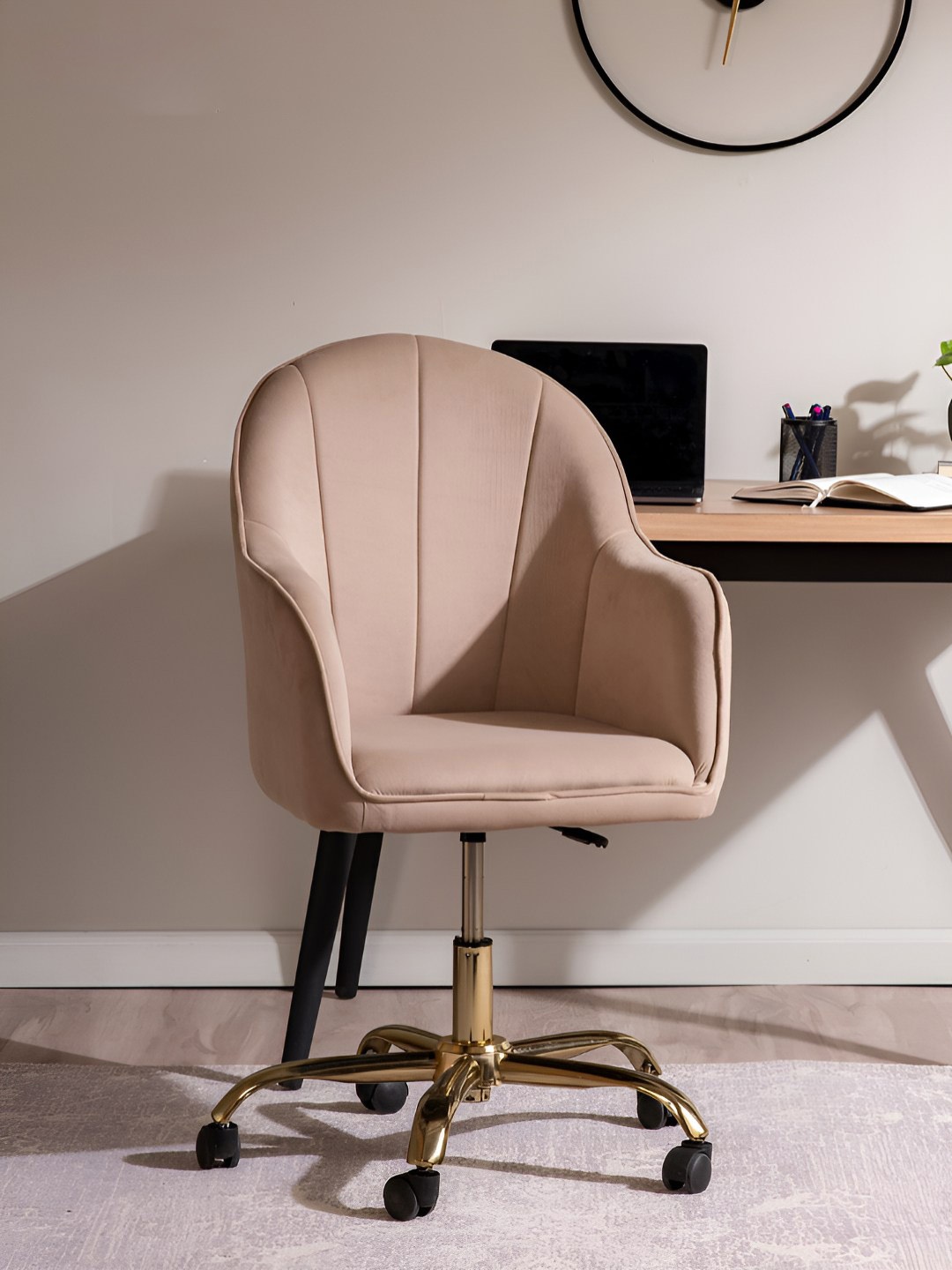 

nestroots Luxury Beige & Gold Toned Mobility Tufted Office Chair