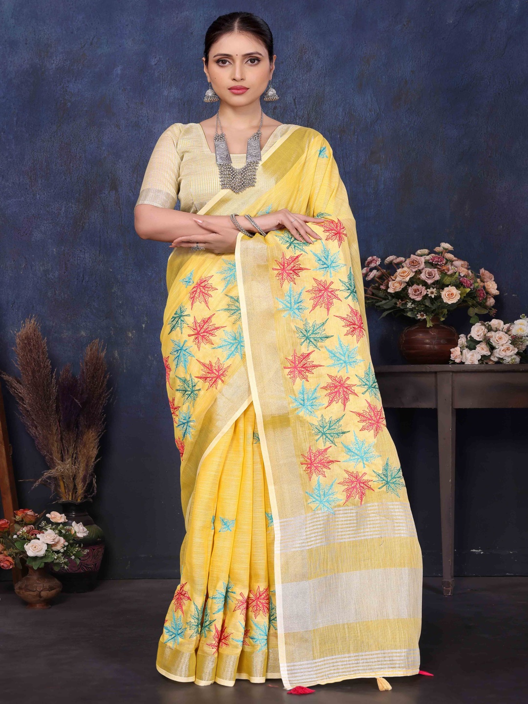 

Peachmode Floral Embroidered Zari Saree With Unstitched Blouse Piece, Yellow