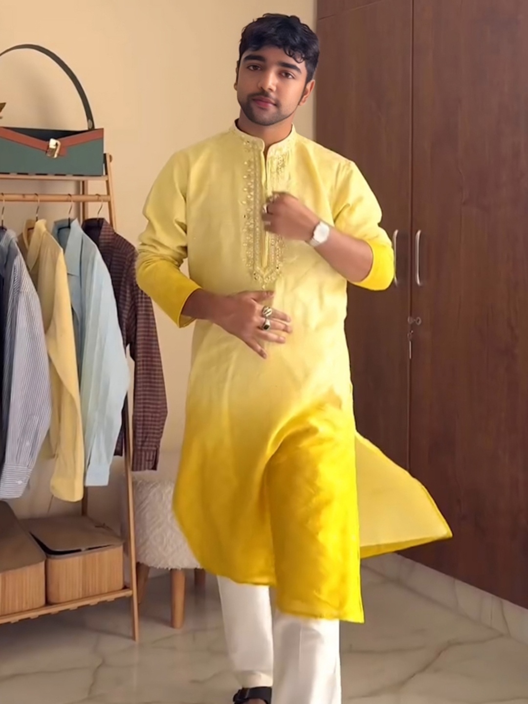 

KISAH Striped Embroidered Mandarin Collar Kurta With Trousers, Yellow