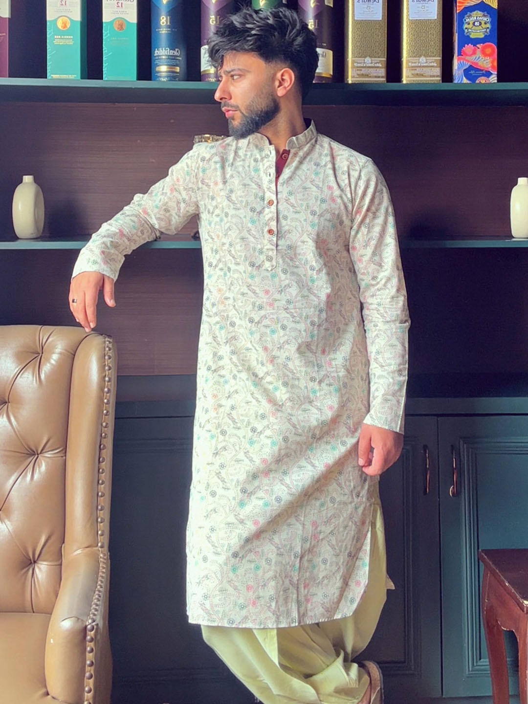 

KISAH Floral Printed Cotton Thread Work Mandarin Collar Straight Kurta, Cream