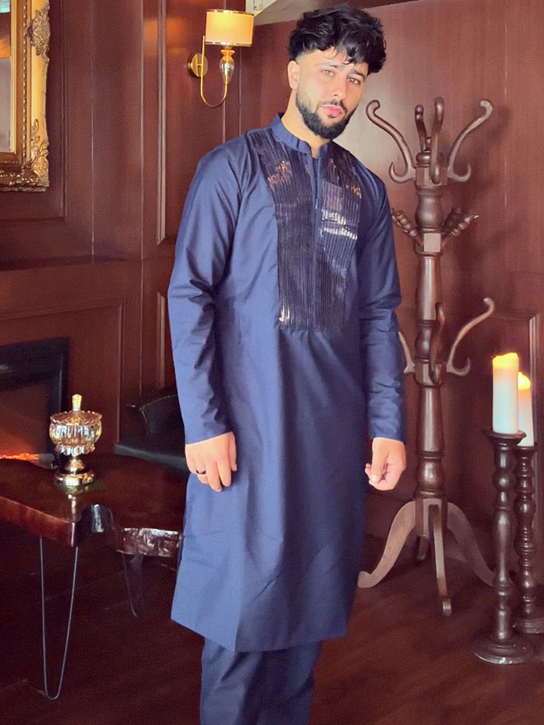 KISAH Striped Embroidered Mandarin Collar Cotton Straight Kurta, Navy blue