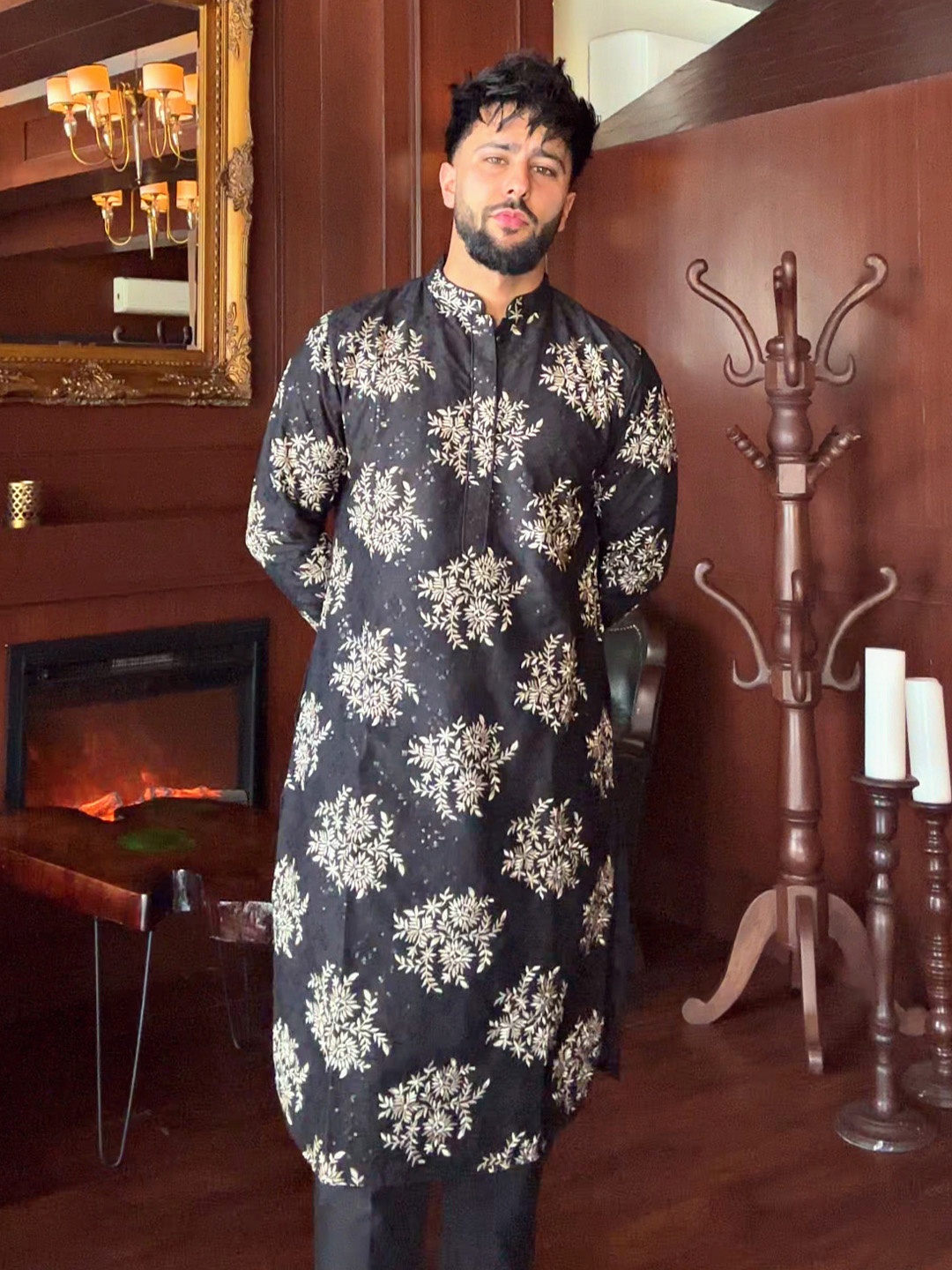 

KISAH Floral Embroidered Cotton Thread Work Mandarin Collar Straight Kurta, Black