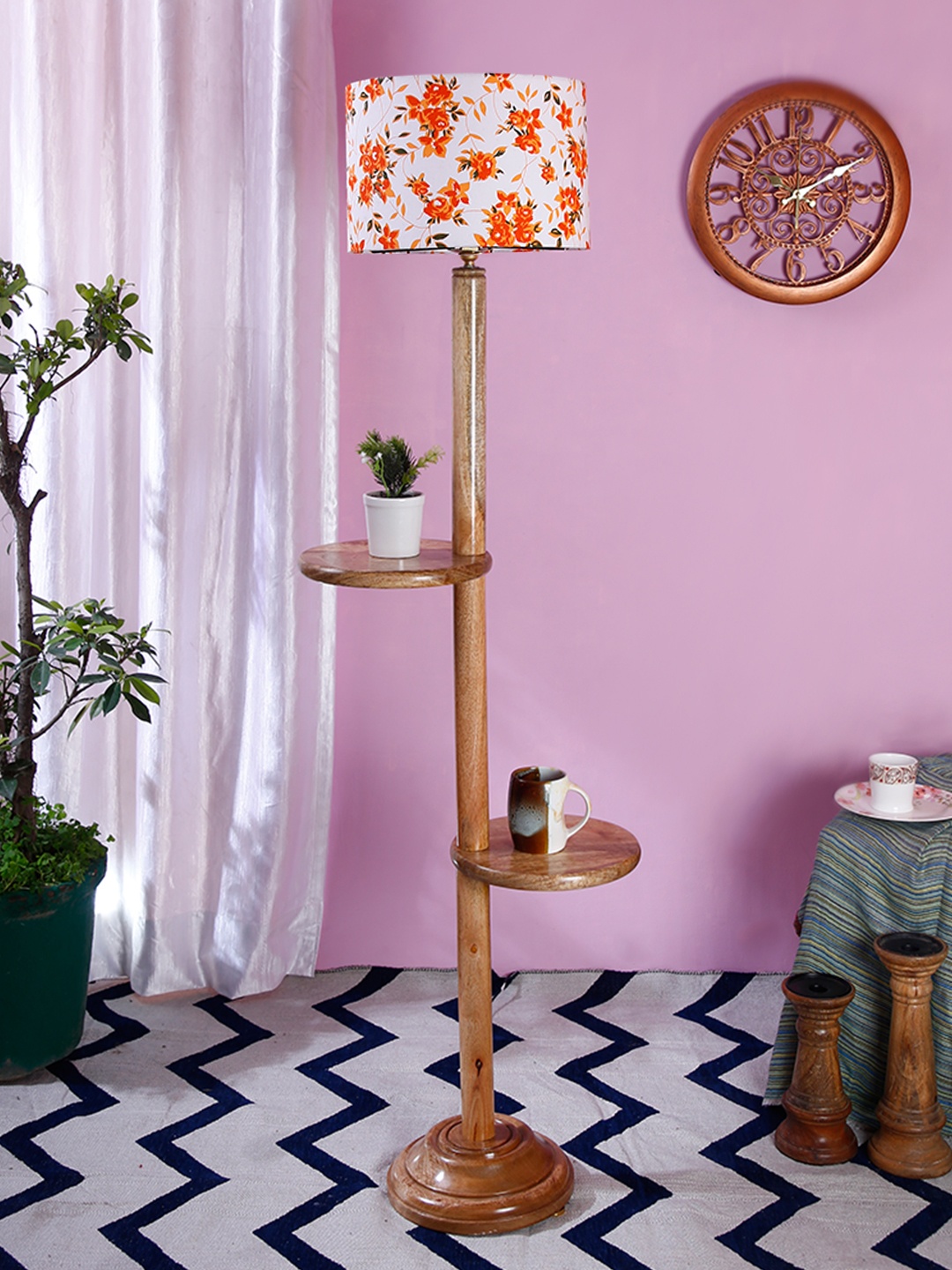

Devansh White & Brown Printed Cylinder Shaped Drum Wooden Shelf Floor Lamp