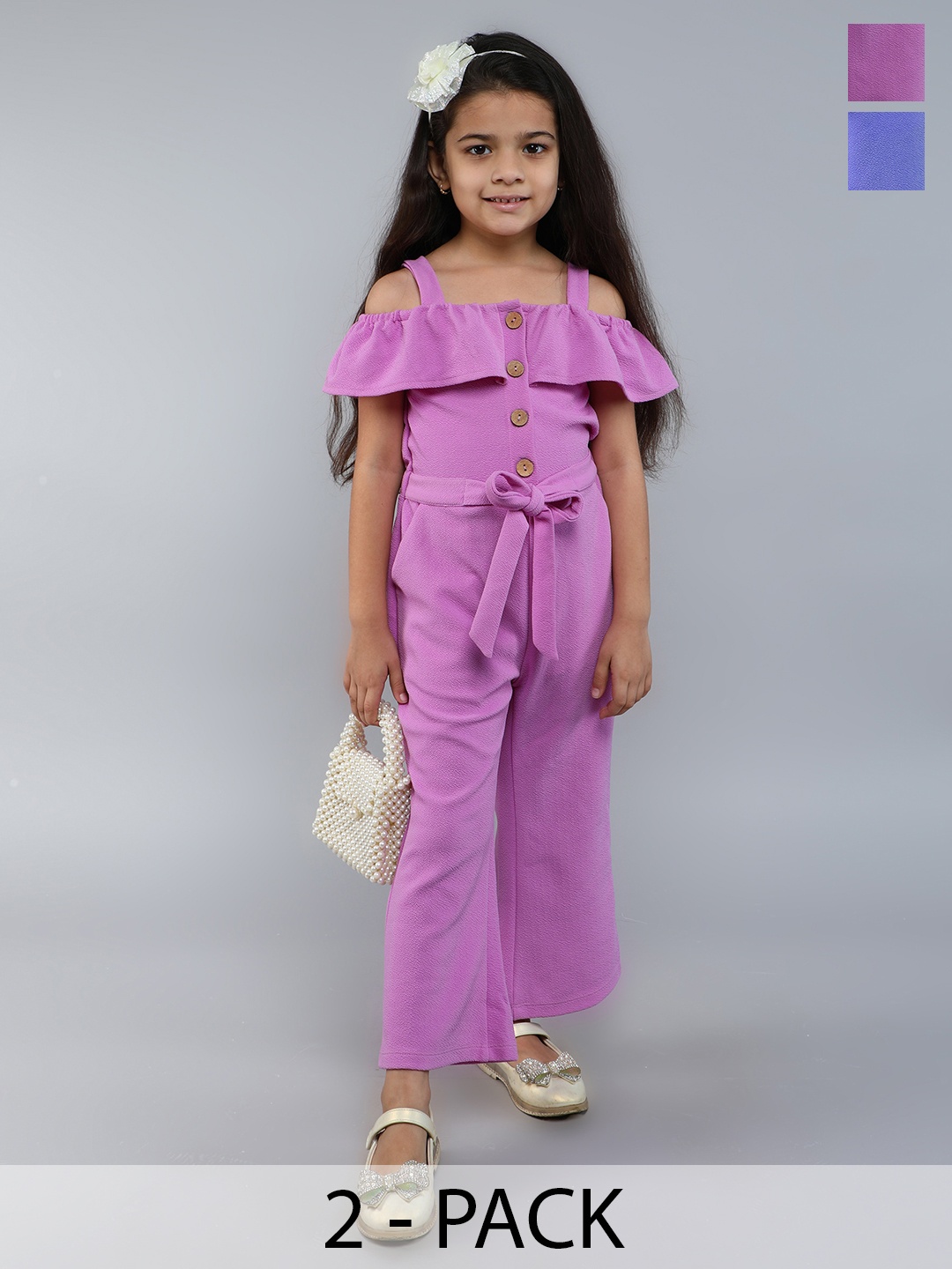 

ZACKBEE Girls Solid Off-Shoulder Flutter Sleeve Pack of 2 Maxi Dress, Multi