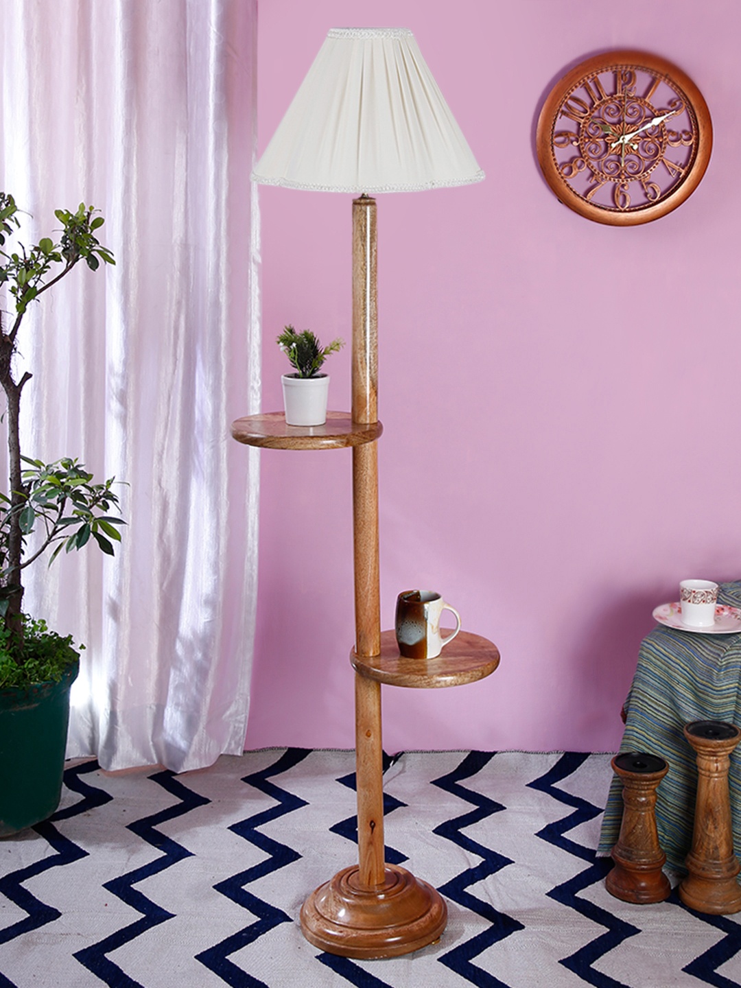 

Devansh White And Brown Frustum Shaped Wooden Shelf Floor Lamp