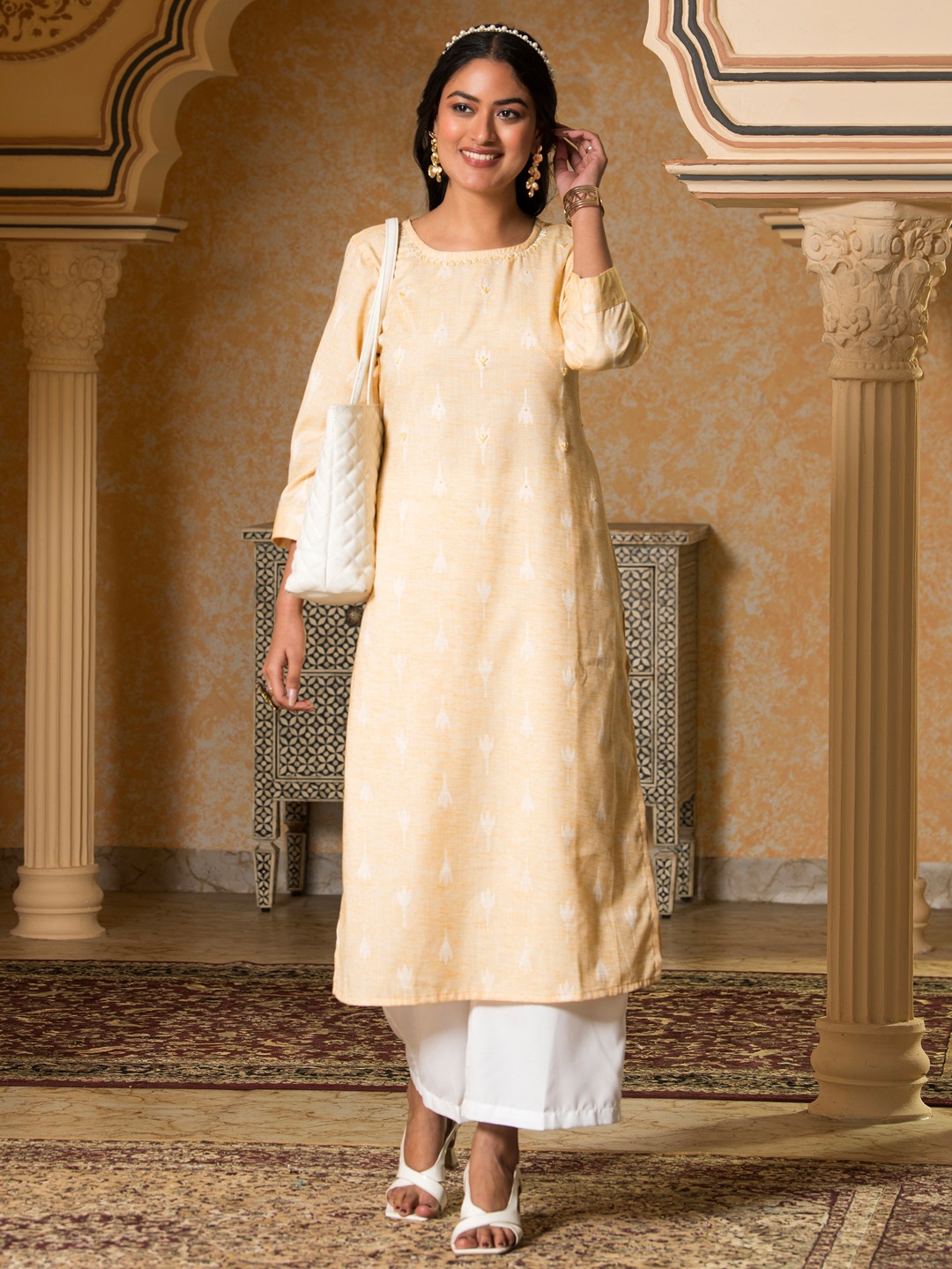 

SAHASIKA Ethnic Motifs Printed Thread Work Straight Kurta With Palazzos, Yellow